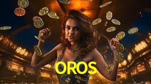 Una escena digital vívida inspirada en casino con OROS mostrado prominentemente, luces brillantes, fichas, cartas y acentos dorados.