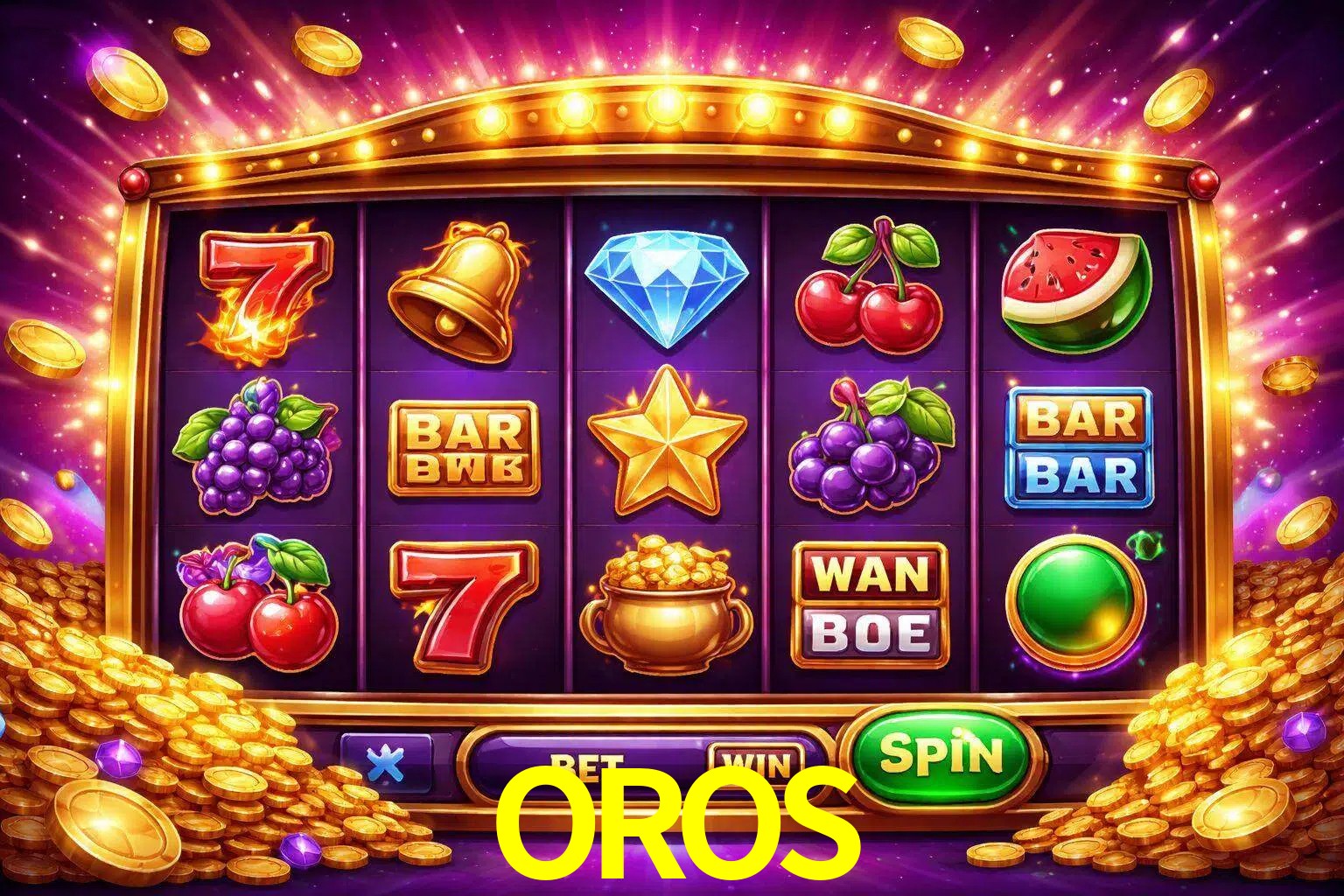 Una interfaz colorida de tragamonedas en línea con símbolos brillantes, monedas y un efecto de victoria celebratoria en OROS.